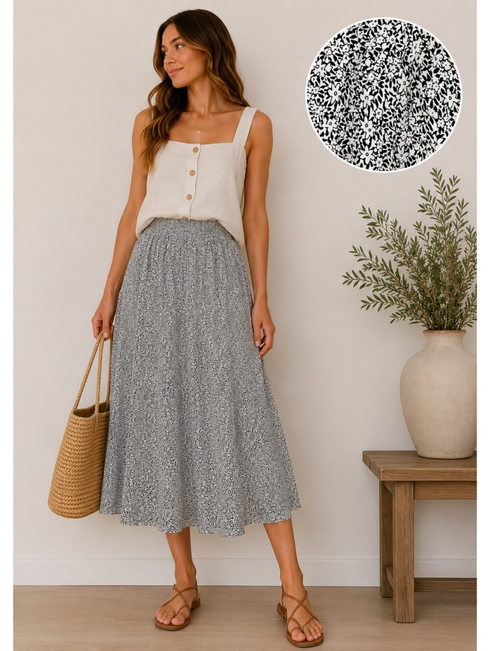 Dazy Ditsy Floral Prairie Midi Skirt Elastic Waist Boho Cottagecore Size Small